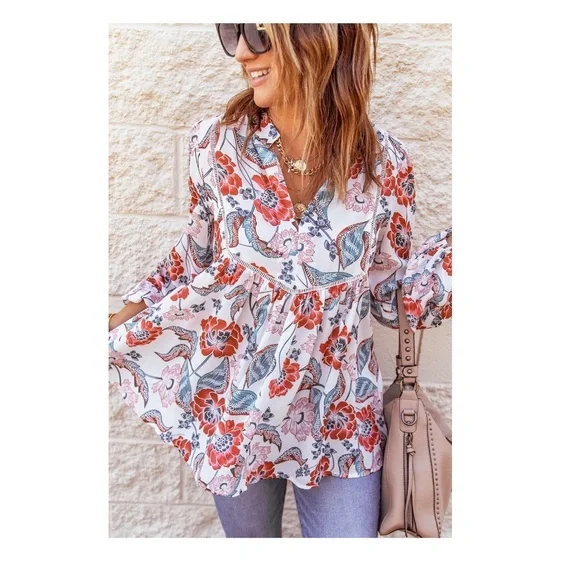 Floral Notched Balloon Sleeve Babydoll Top - Picture 1 of 3